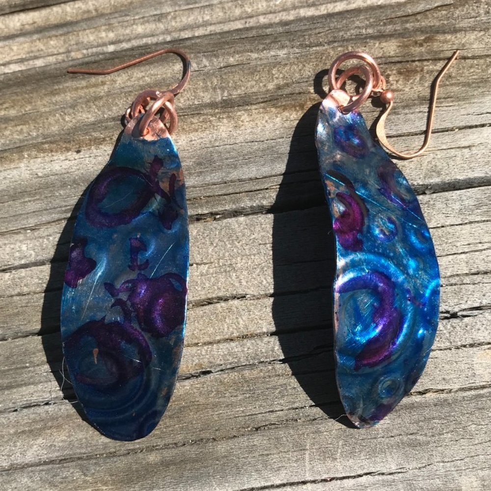 Handmade Solid Copper Earrings Blue Patina Embossed Abstract Circles Bohemian